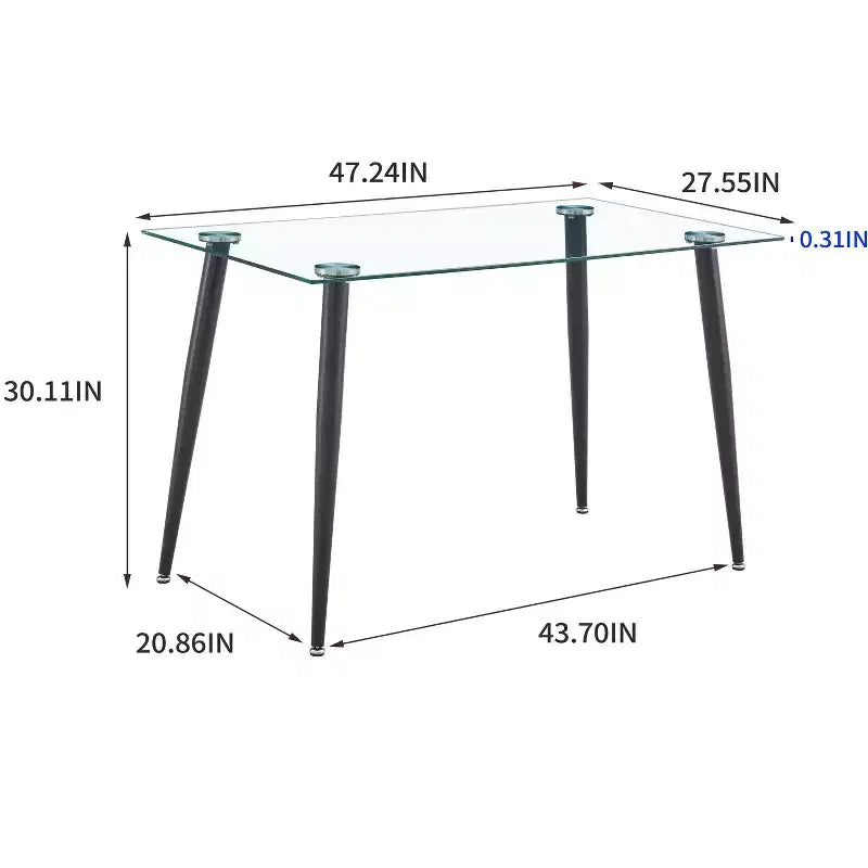 Mesa de comedor Okak para espacios pequeños, mesa de comedor rectangular contemporánea de vidrio templado con patas de metal para 4 personas