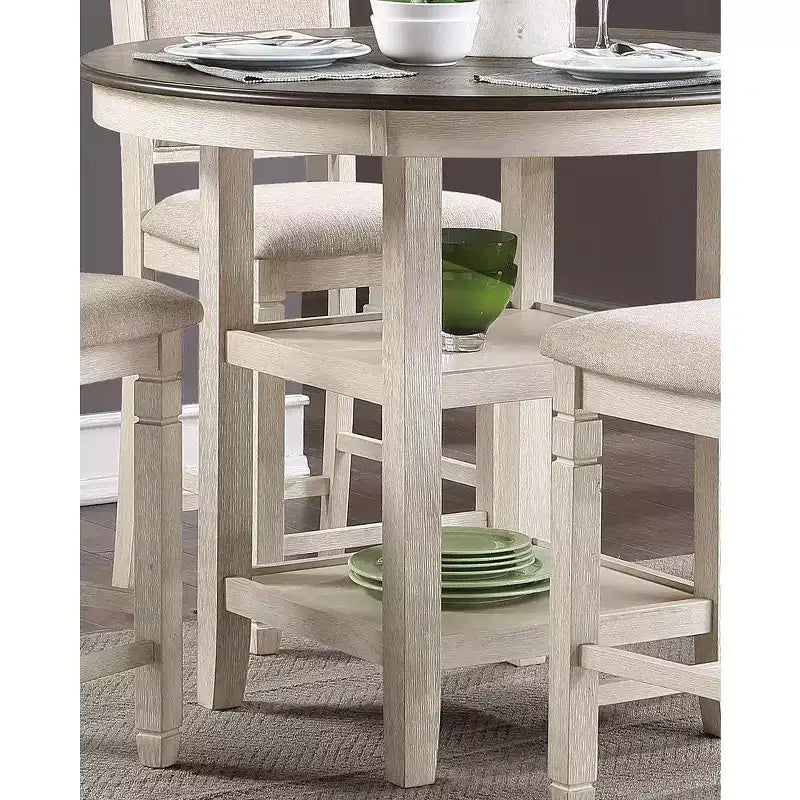 Mesa de Comedor Redonda Okak Estilo Transicional para Espacios Pequeños, Mesa de Altura de Mostrador con 2 Estantes de Exhibición para Sala de Estar, Oficina, Cocina