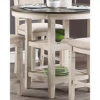 Mesa de Comedor Redonda Okak Estilo Transicional para Espacios Pequeños, Mesa de Altura de Mostrador con 2 Estantes de Exhibición para Sala de Estar, Oficina, Cocina