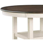 Mesa de Comedor Redonda Okak Estilo Transicional para Espacios Pequeños, Mesa de Altura de Mostrador con 2 Estantes de Exhibición para Sala de Estar, Oficina, Cocina