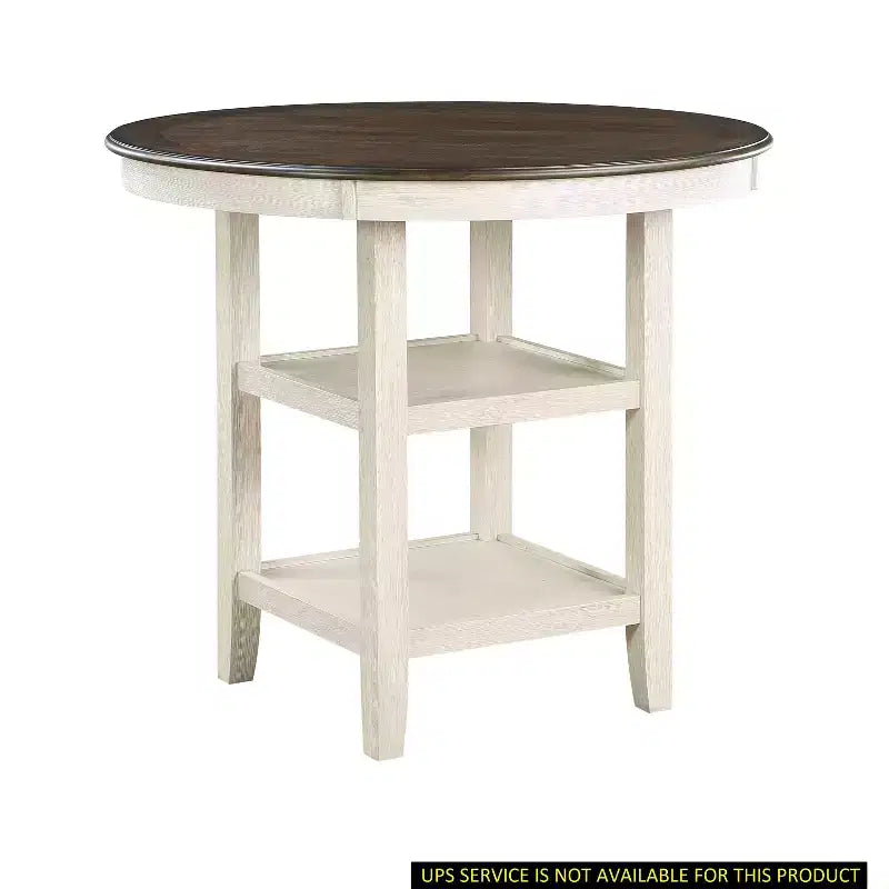 Mesa de Comedor Redonda Okak Estilo Transicional para Espacios Pequeños, Mesa de Altura de Mostrador con 2 Estantes de Exhibición para Sala de Estar, Oficina, Cocina