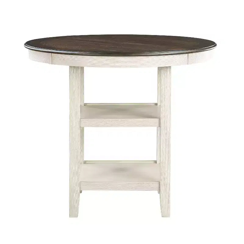 Mesa de Comedor Redonda Okak Estilo Transicional para Espacios Pequeños, Mesa de Altura de Mostrador con 2 Estantes de Exhibición para Sala de Estar, Oficina, Cocina
