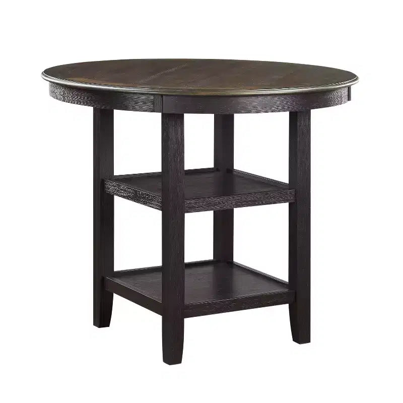 Mesa de Comedor Redonda Okak Estilo Transicional para Espacios Pequeños, Mesa de Altura de Mostrador con 2 Estantes de Exhibición para Sala de Estar, Oficina, Cocina