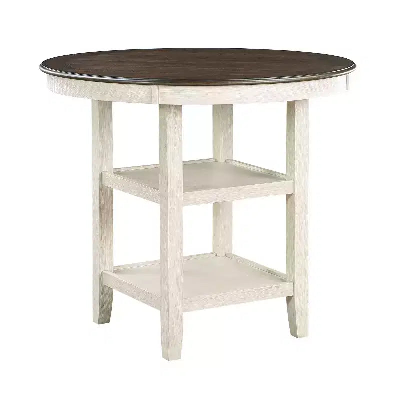 Mesa de Comedor Redonda Okak Estilo Transicional para Espacios Pequeños, Mesa de Altura de Mostrador con 2 Estantes de Exhibición para Sala de Estar, Oficina, Cocina