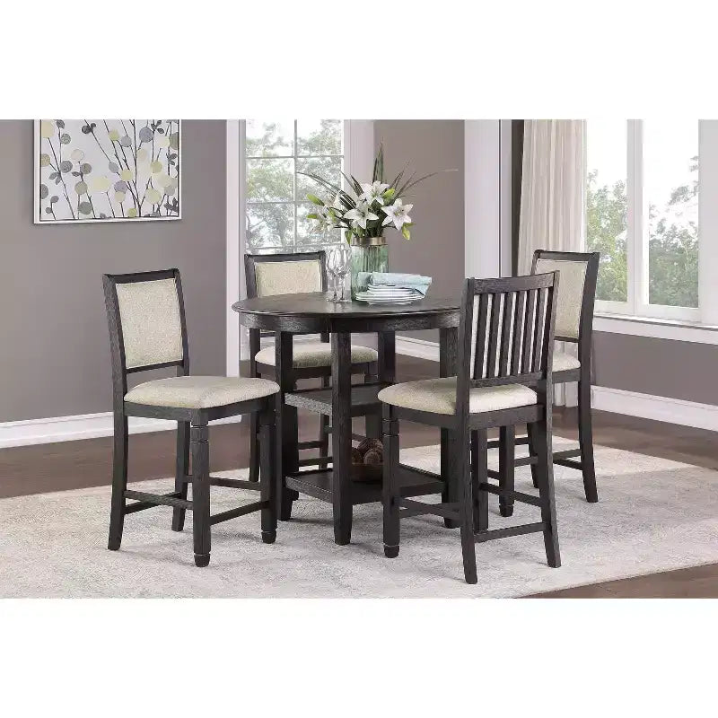 Mesa de Comedor Redonda Okak Estilo Transicional para Espacios Pequeños, Mesa de Altura de Mostrador con 2 Estantes de Exhibición para Sala de Estar, Oficina, Cocina