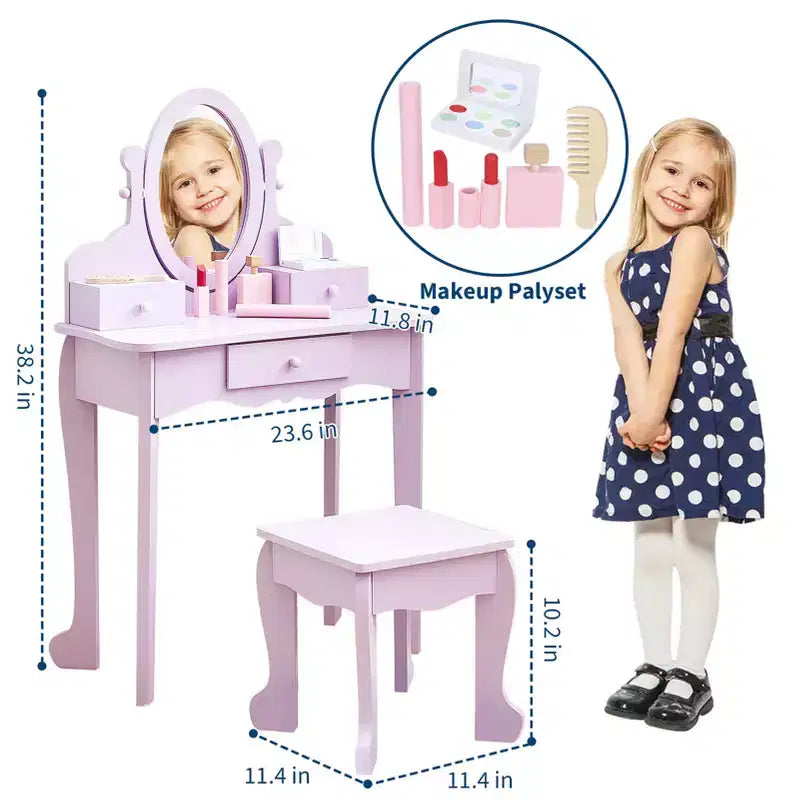 Set de tocador para niñas con espejo, mesa de maquillaje y taburete, escritorio de tocador y silla con juego de maquillaje de madera para niñas de 4 a 9 años