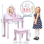 Set de tocador para niñas con espejo, mesa de maquillaje y taburete, escritorio de tocador y silla con juego de maquillaje de madera para niñas de 4 a 9 años