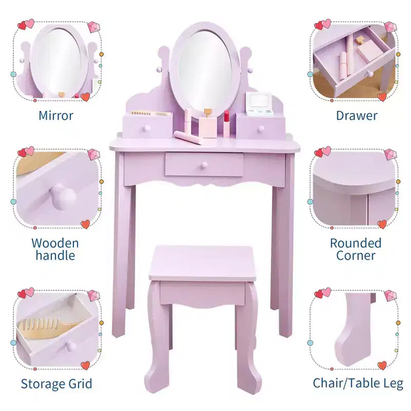 Set de tocador para niñas con espejo, mesa de maquillaje y taburete, escritorio de tocador y silla con juego de maquillaje de madera para niñas de 4 a 9 años