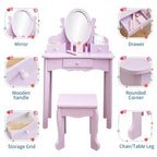 Set de tocador para niñas con espejo, mesa de maquillaje y taburete, escritorio de tocador y silla con juego de maquillaje de madera para niñas de 4 a 9 años