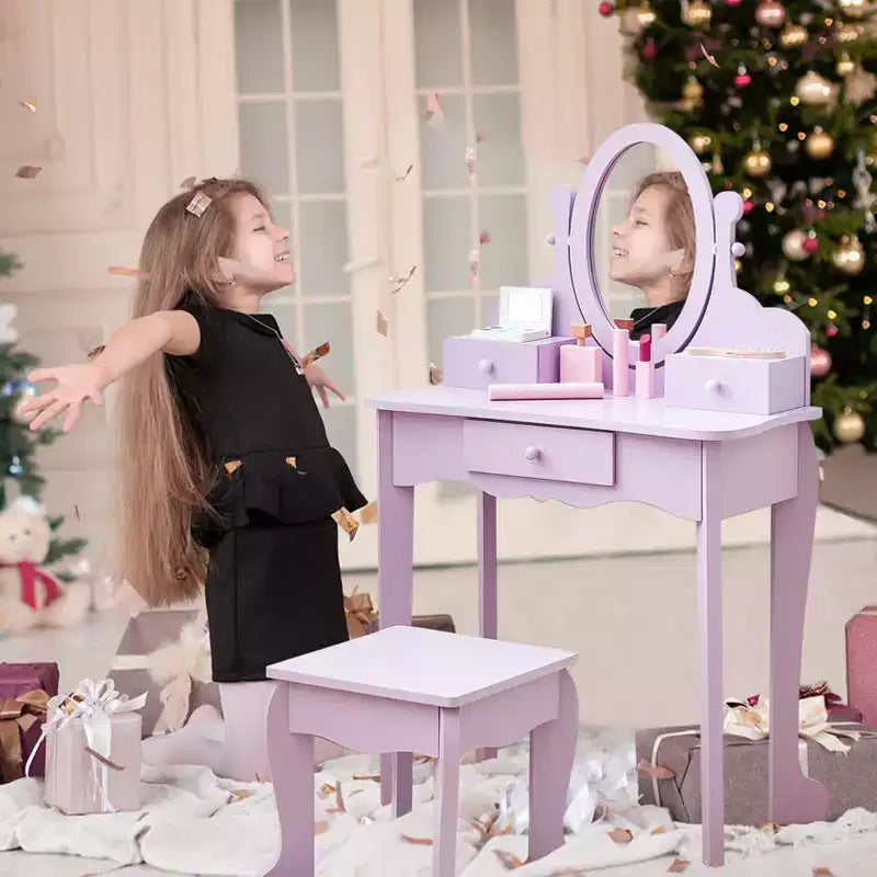 Set de tocador para niñas con espejo, mesa de maquillaje y taburete, escritorio de tocador y silla con juego de maquillaje de madera para niñas de 4 a 9 años