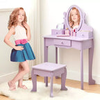 Set de tocador para niñas con espejo, mesa de maquillaje y taburete, escritorio de tocador y silla con juego de maquillaje de madera para niñas de 4 a 9 años