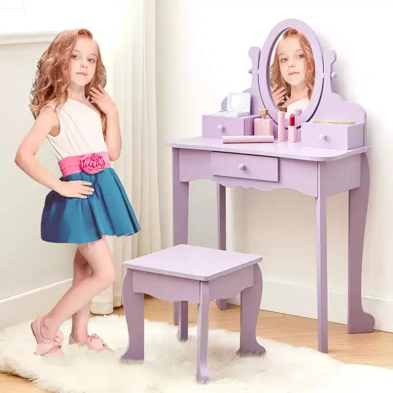 Set de tocador para niñas con espejo, mesa de maquillaje y taburete, escritorio de tocador y silla con juego de maquillaje de madera para niñas de 4 a 9 años