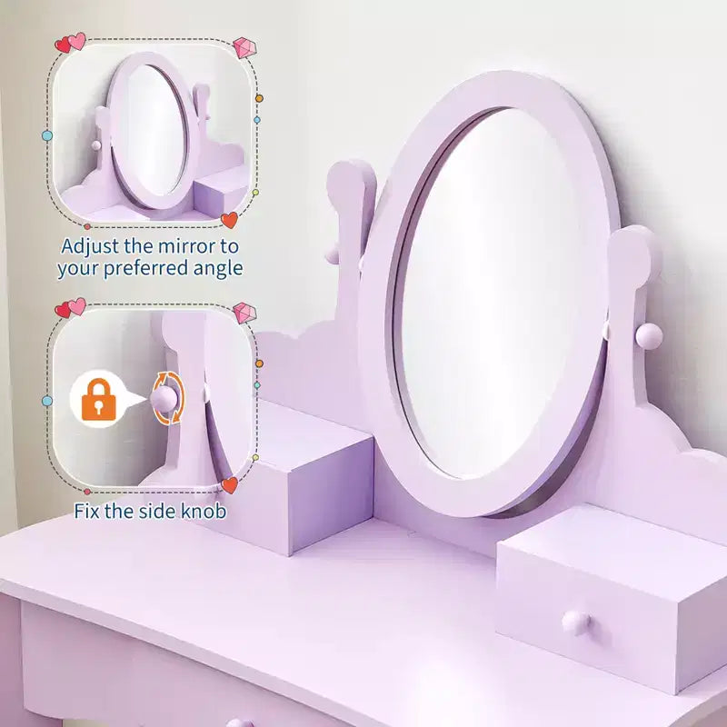 Set de tocador para niñas con espejo, mesa de maquillaje y taburete, escritorio de tocador y silla con juego de maquillaje de madera para niñas de 4 a 9 años