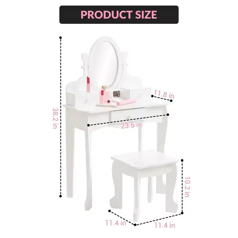 Set de tocador para niñas con espejo, mesa de maquillaje y taburete, escritorio de tocador y silla con juego de maquillaje de madera para niñas de 4 a 9 años