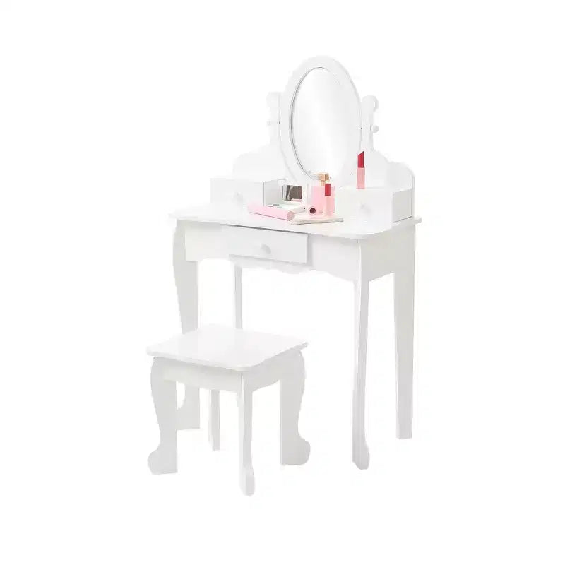 Set de tocador para niñas con espejo, mesa de maquillaje y taburete, escritorio de tocador y silla con juego de maquillaje de madera para niñas de 4 a 9 años