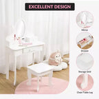 Set de tocador para niñas con espejo, mesa de maquillaje y taburete, escritorio de tocador y silla con juego de maquillaje de madera para niñas de 4 a 9 años