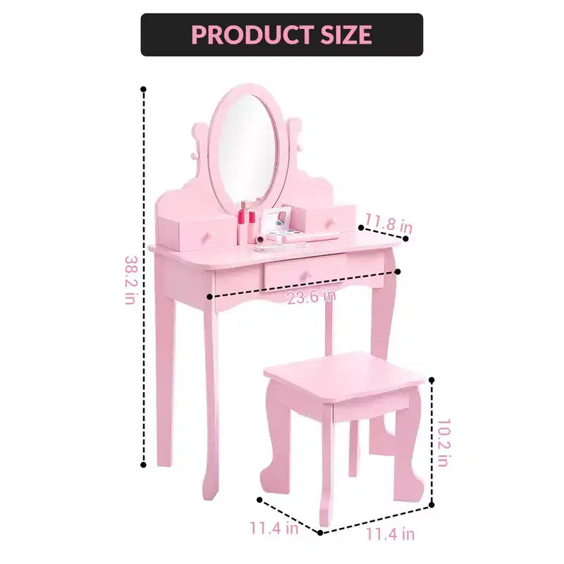 Set de tocador para niñas con espejo, mesa de maquillaje y taburete, escritorio de tocador y silla con juego de maquillaje de madera para niñas de 4 a 9 años