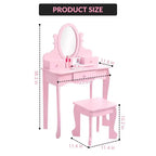 Set de tocador para niñas con espejo, mesa de maquillaje y taburete, escritorio de tocador y silla con juego de maquillaje de madera para niñas de 4 a 9 años