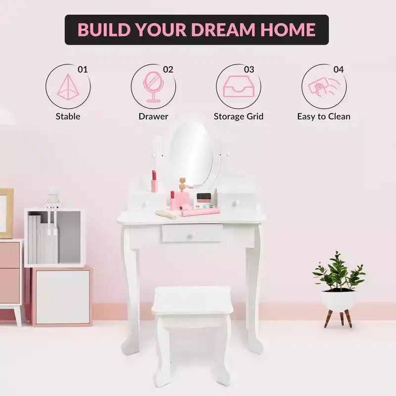 Set de tocador para niñas con espejo, mesa de maquillaje y taburete, escritorio de tocador y silla con juego de maquillaje de madera para niñas de 4 a 9 años