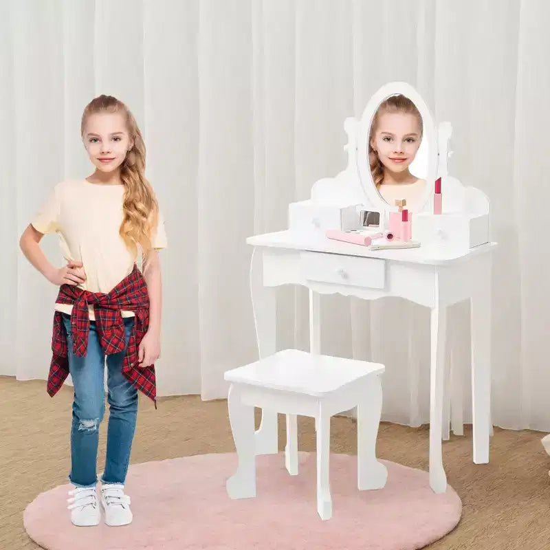 Set de tocador para niñas con espejo, mesa de maquillaje y taburete, escritorio de tocador y silla con juego de maquillaje de madera para niñas de 4 a 9 años