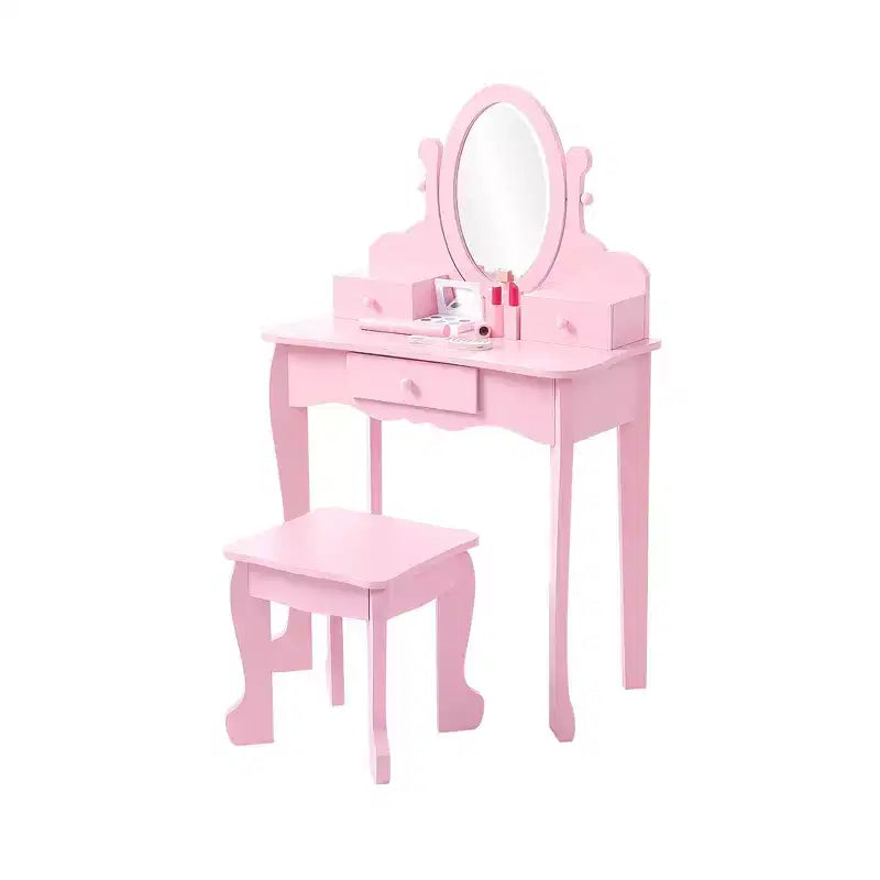 Set de tocador para niñas con espejo, mesa de maquillaje y taburete, escritorio de tocador y silla con juego de maquillaje de madera para niñas de 4 a 9 años