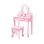 Set de tocador para niñas con espejo, mesa de maquillaje y taburete, escritorio de tocador y silla con juego de maquillaje de madera para niñas de 4 a 9 años
