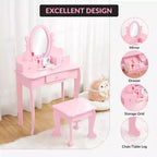 Set de tocador para niñas con espejo, mesa de maquillaje y taburete, escritorio de tocador y silla con juego de maquillaje de madera para niñas de 4 a 9 años
