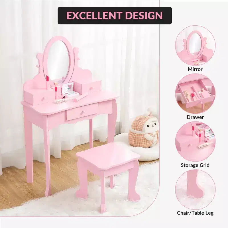 Set de tocador para niñas con espejo, mesa de maquillaje y taburete, escritorio de tocador y silla con juego de maquillaje de madera para niñas de 4 a 9 años