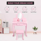 Set de tocador para niñas con espejo, mesa de maquillaje y taburete, escritorio de tocador y silla con juego de maquillaje de madera para niñas de 4 a 9 años