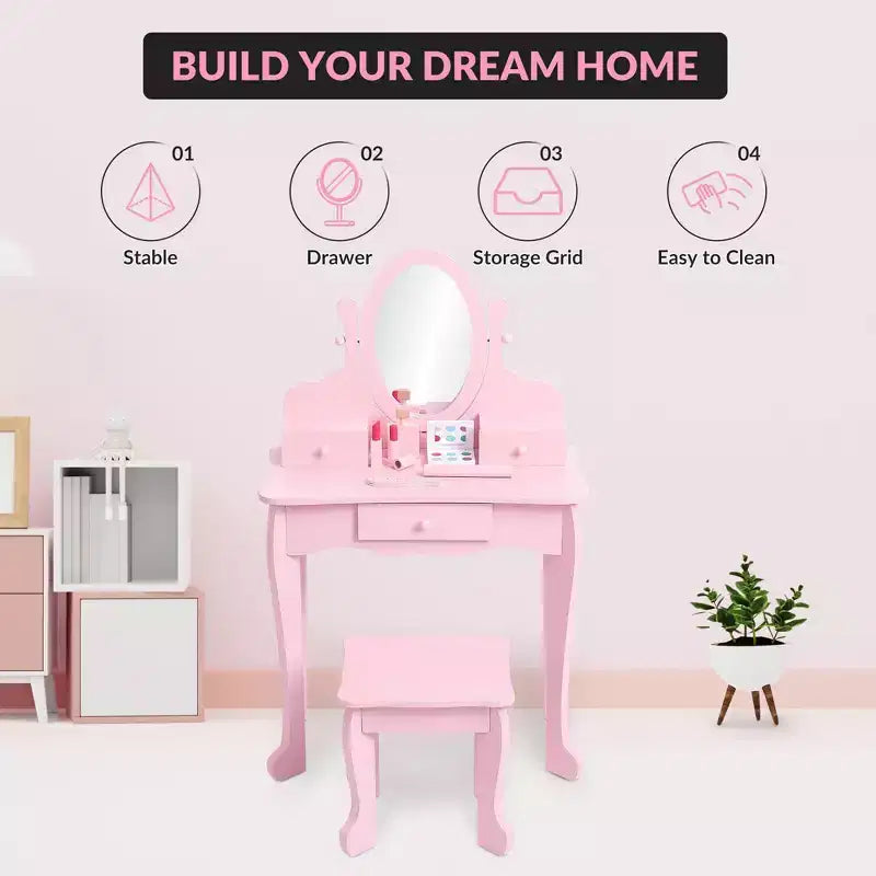 Set de tocador para niñas con espejo, mesa de maquillaje y taburete, escritorio de tocador y silla con juego de maquillaje de madera para niñas de 4 a 9 años