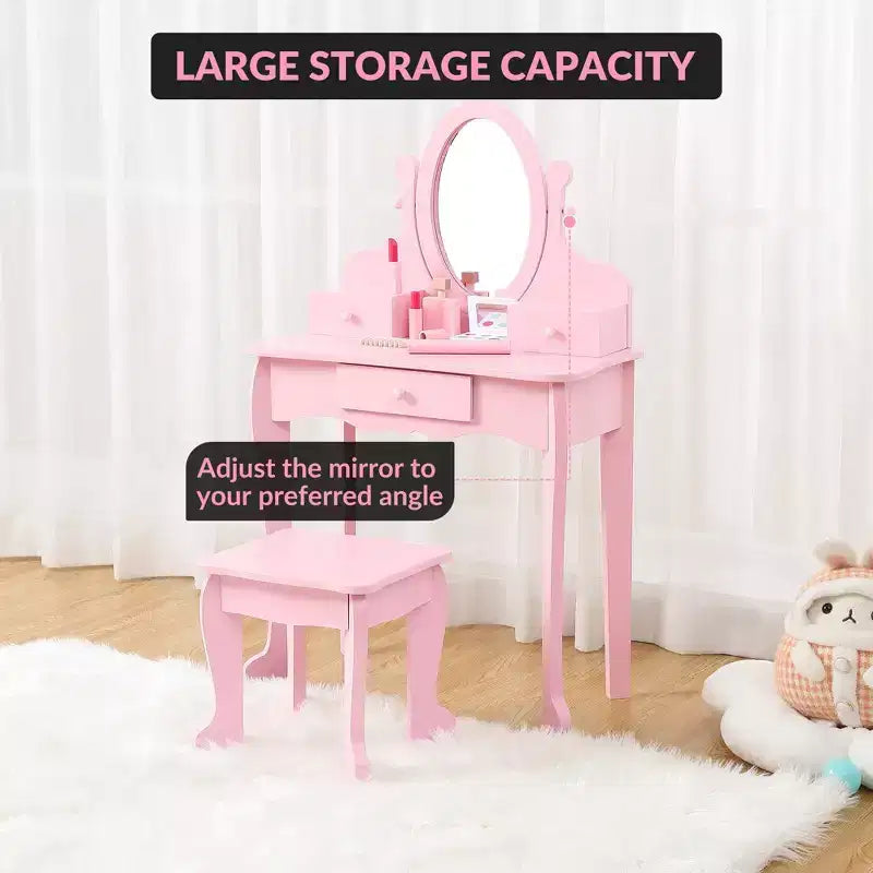 Set de tocador para niñas con espejo, mesa de maquillaje y taburete, escritorio de tocador y silla con juego de maquillaje de madera para niñas de 4 a 9 años