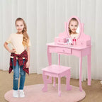 Set de tocador para niñas con espejo, mesa de maquillaje y taburete, escritorio de tocador y silla con juego de maquillaje de madera para niñas de 4 a 9 años