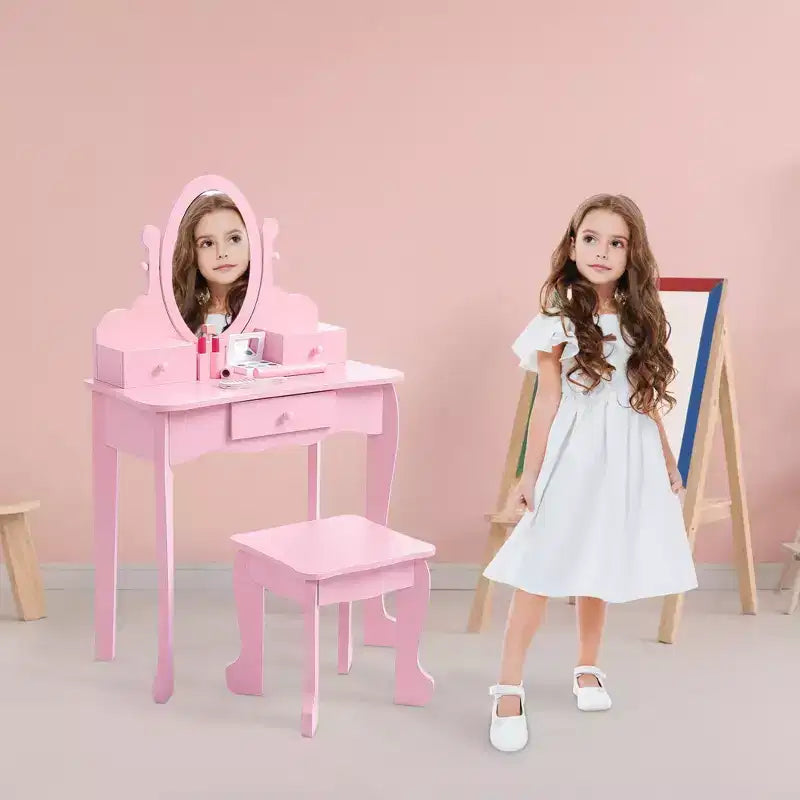 Set de tocador para niñas con espejo, mesa de maquillaje y taburete, escritorio de tocador y silla con juego de maquillaje de madera para niñas de 4 a 9 años