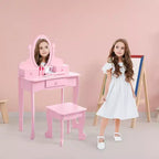 Set de tocador para niñas con espejo, mesa de maquillaje y taburete, escritorio de tocador y silla con juego de maquillaje de madera para niñas de 4 a 9 años