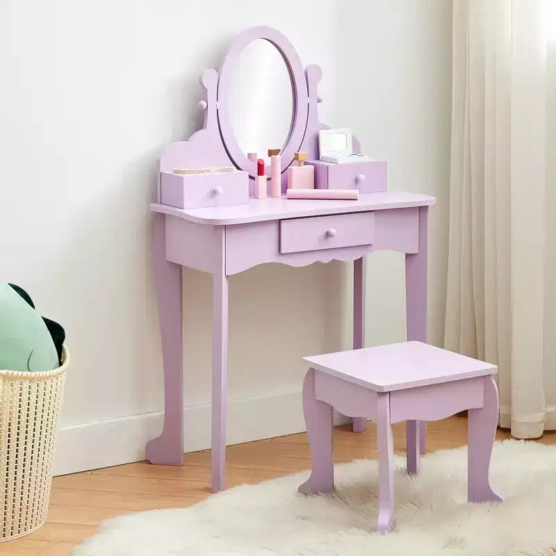 Set de tocador para niñas con espejo, mesa de maquillaje y taburete, escritorio de tocador y silla con juego de maquillaje de madera para niñas de 4 a 9 años