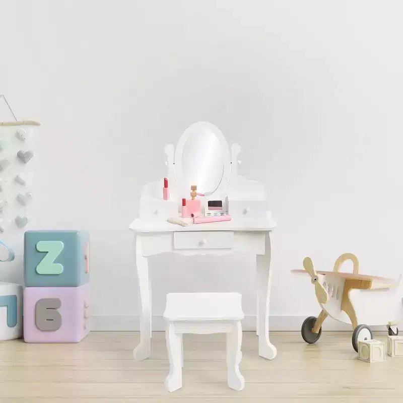 Set de tocador para niñas con espejo, mesa de maquillaje y taburete, escritorio de tocador y silla con juego de maquillaje de madera para niñas de 4 a 9 años
