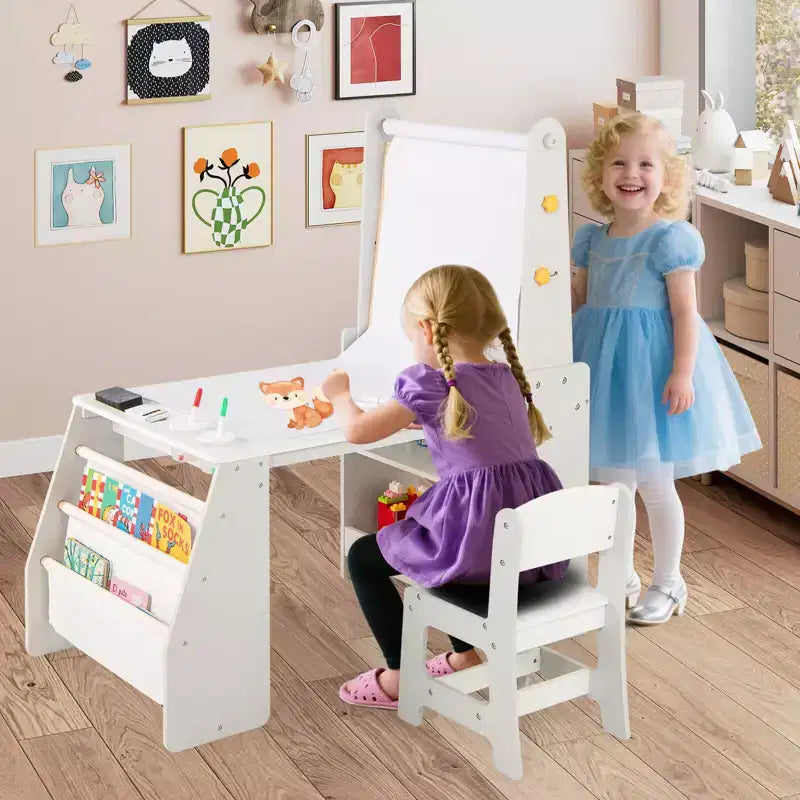Juego de Mesa y Sillas de Arte para Niños Costway con Caballete y Pizarra y Pizarra de Papel en Rollo