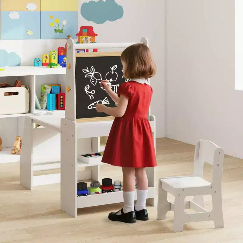 Juego de Mesa y Sillas de Arte para Niños Costway con Caballete y Pizarra y Pizarra de Papel en Rollo