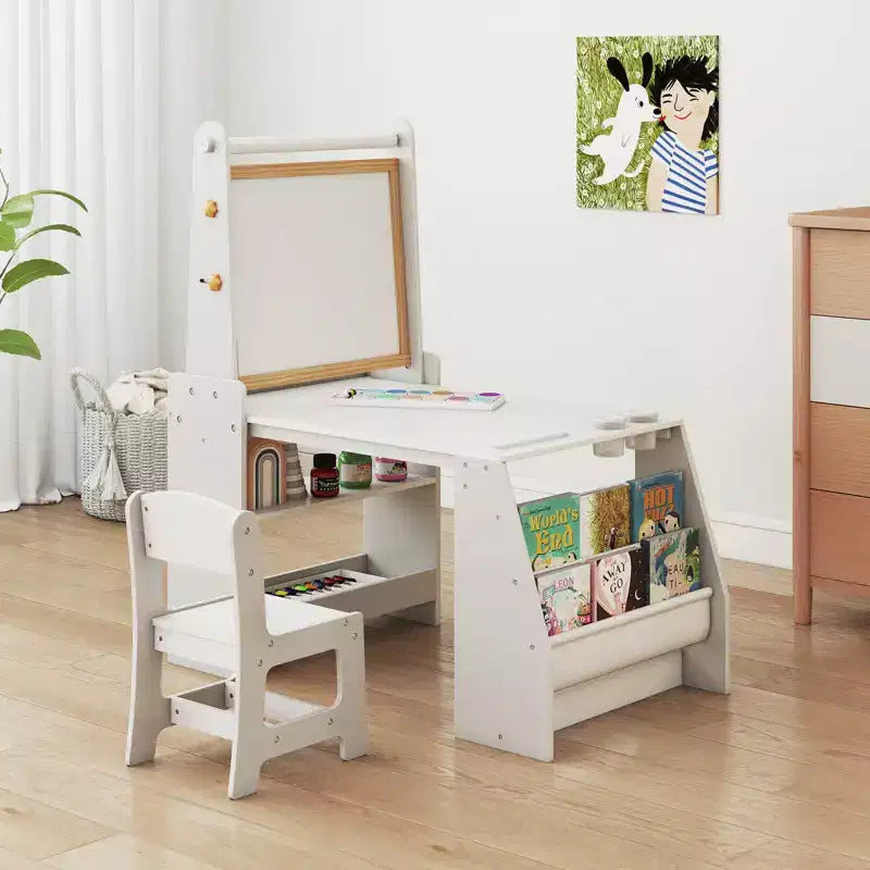 Juego de Mesa y Sillas de Arte para Niños Costway con Caballete y Pizarra y Pizarra de Papel en Rollo