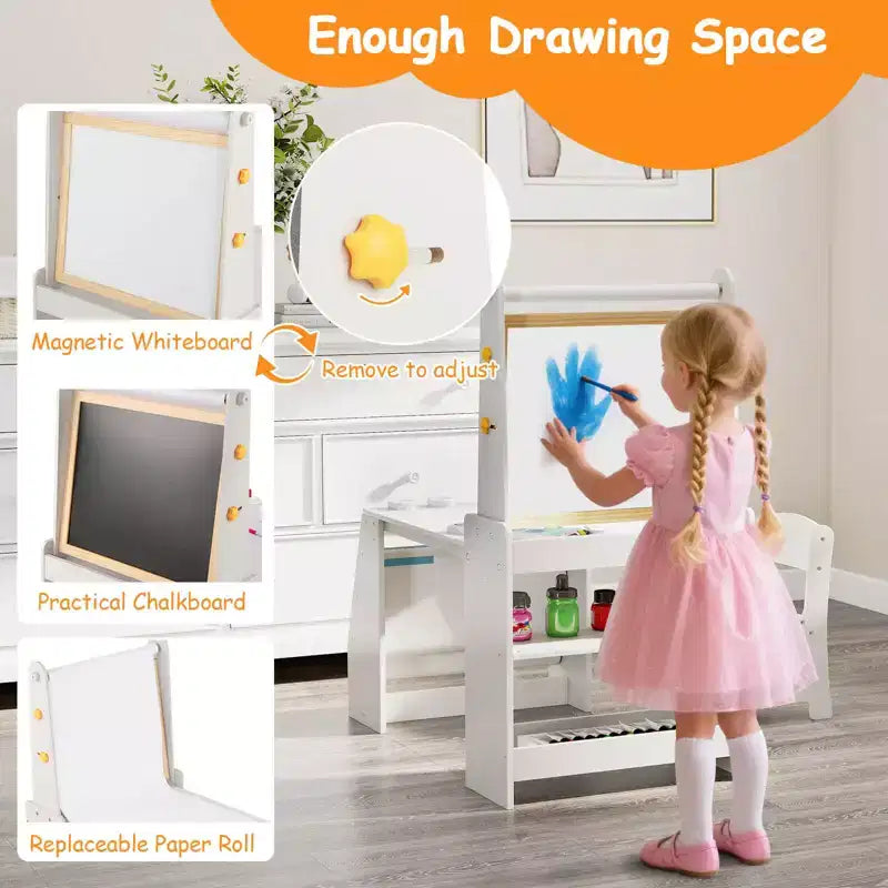 Juego de Mesa y Sillas de Arte para Niños Costway con Caballete y Pizarra y Pizarra de Papel en Rollo