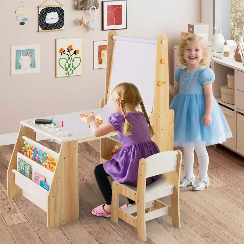 Juego de Mesa y Sillas de Arte para Niños Costway con Caballete y Pizarra y Pizarra de Papel en Rollo