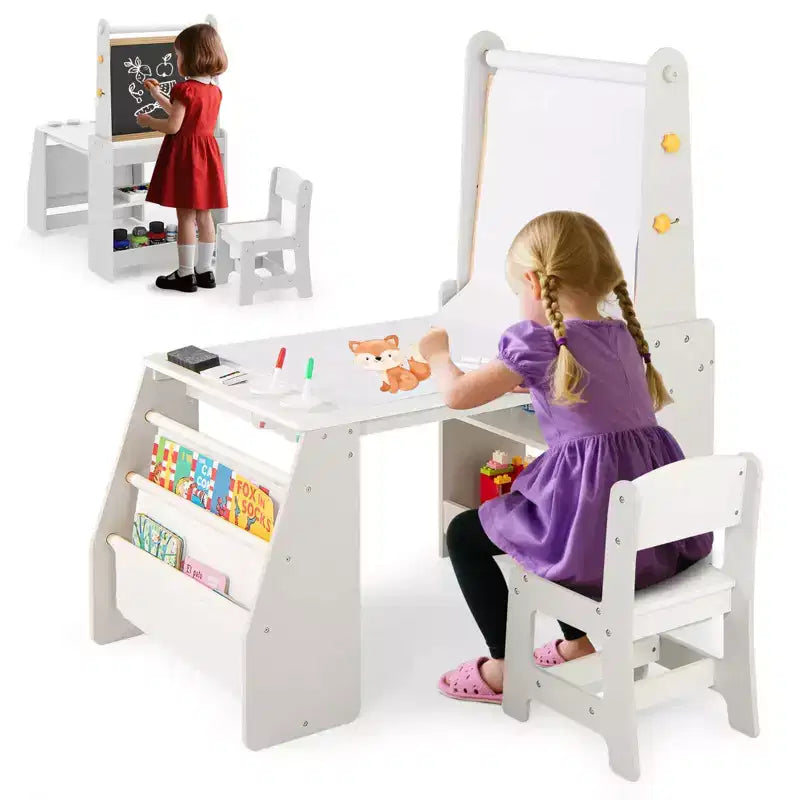 Juego de Mesa y Sillas de Arte para Niños Costway con Caballete y Pizarra y Pizarra de Papel en Rollo
