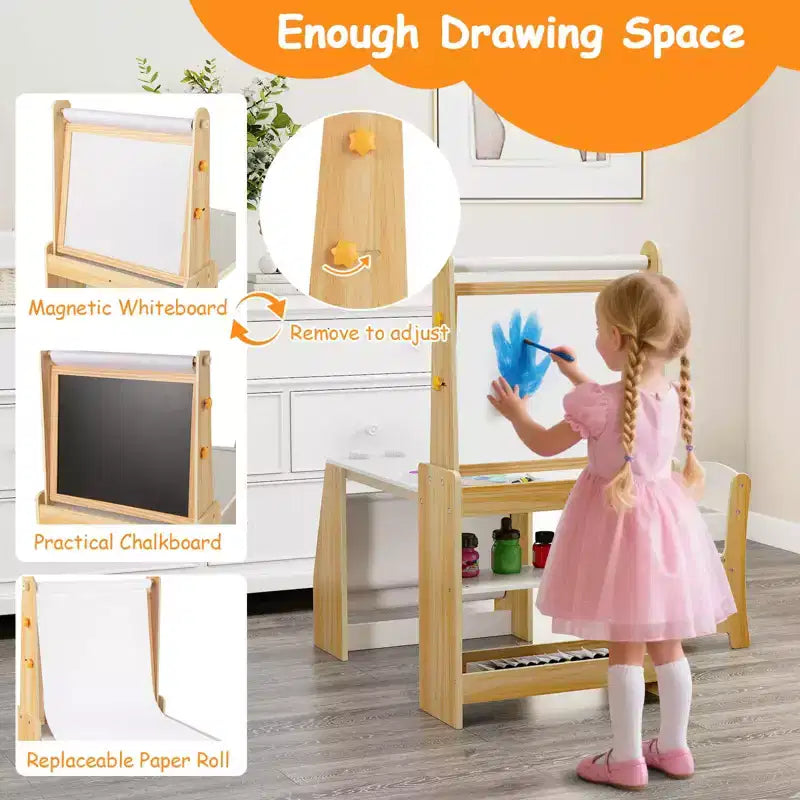 Juego de Mesa y Sillas de Arte para Niños Costway con Caballete y Pizarra y Pizarra de Papel en Rollo