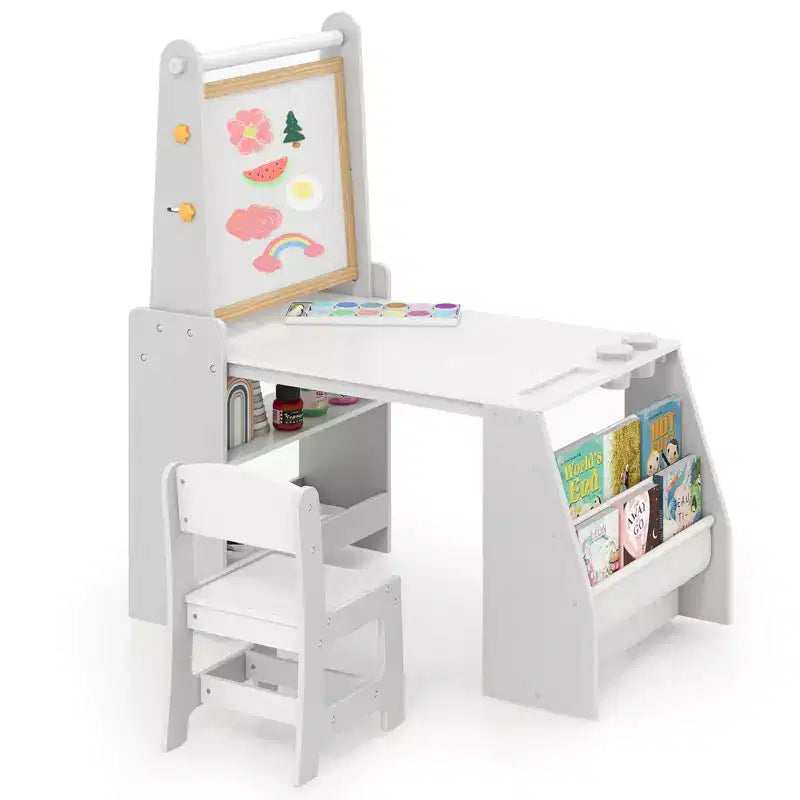 Juego de Mesa y Sillas de Arte para Niños Costway con Caballete y Pizarra y Pizarra de Papel en Rollo