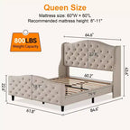Base de cama tamaño queen de terciopelo tapizado con cabecero de ala, soporte de listones de madera, no necesita somier, cama tapizada beige