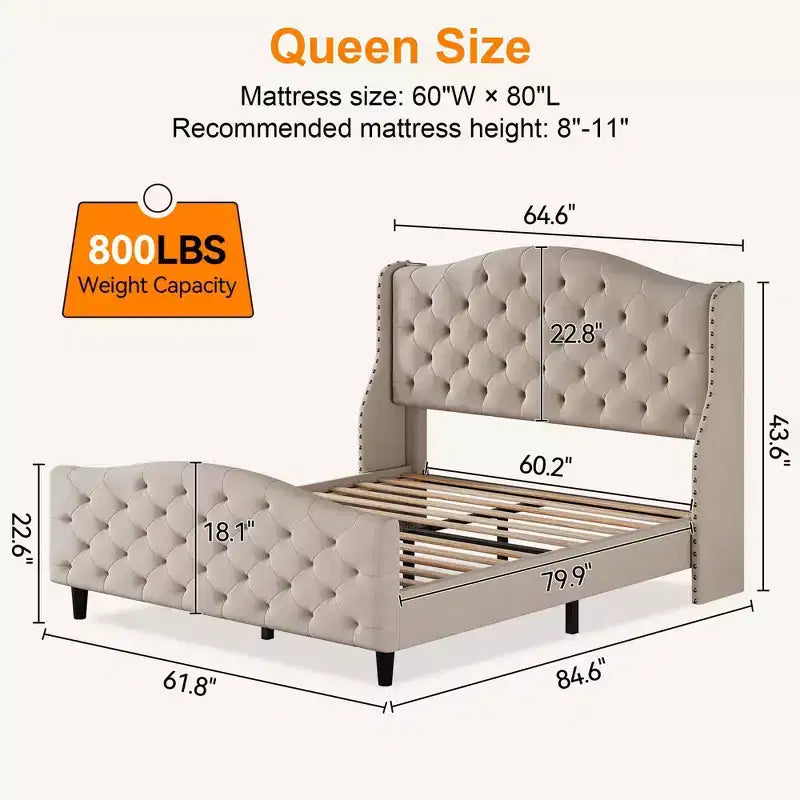 Base de cama tamaño queen de terciopelo tapizado con cabecero de ala, soporte de listones de madera, no necesita somier, cama tapizada beige