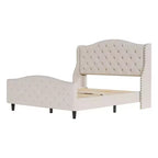 Base de cama tamaño queen de terciopelo tapizado con cabecero de ala, soporte de listones de madera, no necesita somier, cama tapizada beige