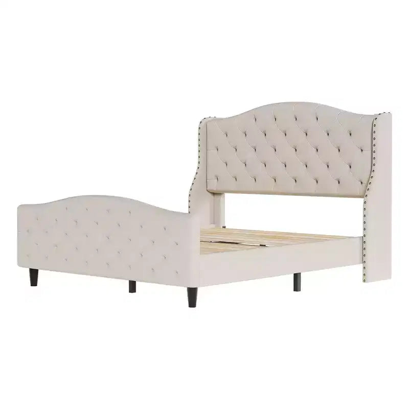 Base de cama tamaño queen de terciopelo tapizado con cabecero de ala, soporte de listones de madera, no necesita somier, cama tapizada beige
