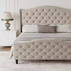 Base de cama tamaño queen de terciopelo tapizado con cabecero de ala, soporte de listones de madera, no necesita somier, cama tapizada beige