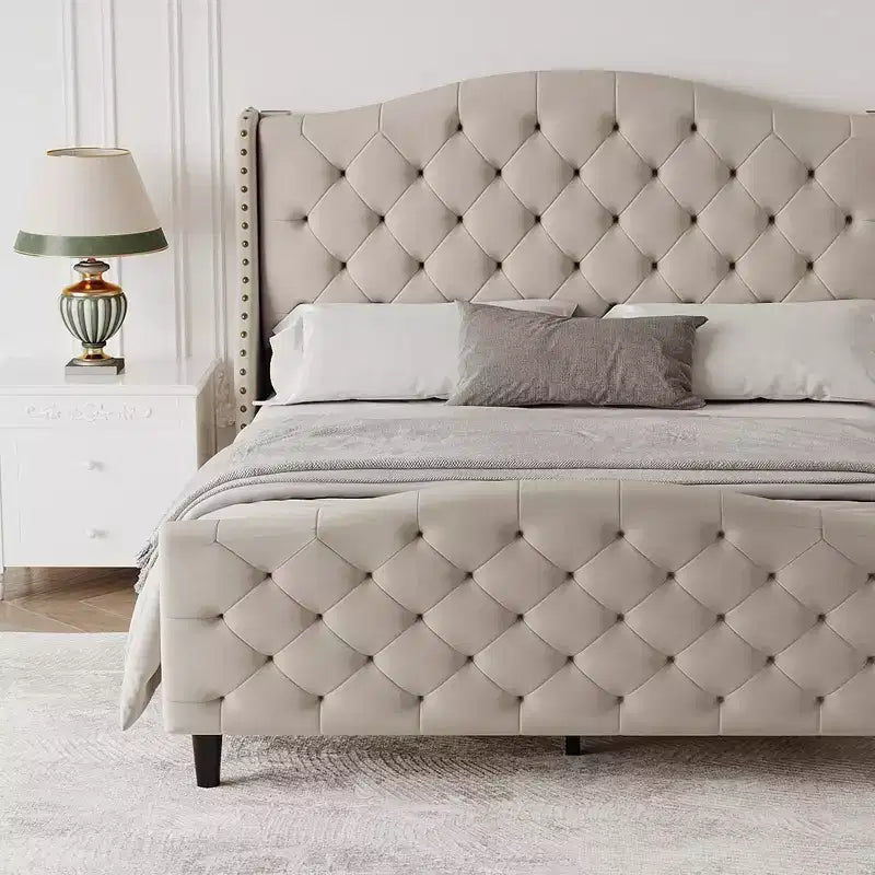 Base de cama tamaño queen de terciopelo tapizado con cabecero de ala, soporte de listones de madera, no necesita somier, cama tapizada beige